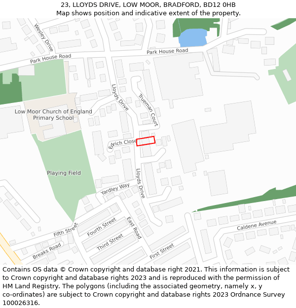 23, LLOYDS DRIVE, LOW MOOR, BRADFORD, BD12 0HB: Location map and indicative extent of plot