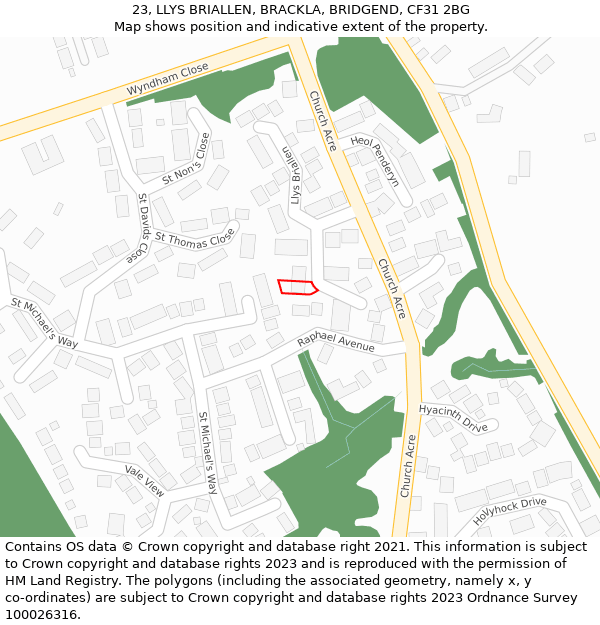 23, LLYS BRIALLEN, BRACKLA, BRIDGEND, CF31 2BG: Location map and indicative extent of plot