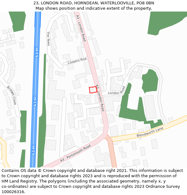 23, LONDON ROAD, HORNDEAN, WATERLOOVILLE, PO8 0BN: Location map and indicative extent of plot