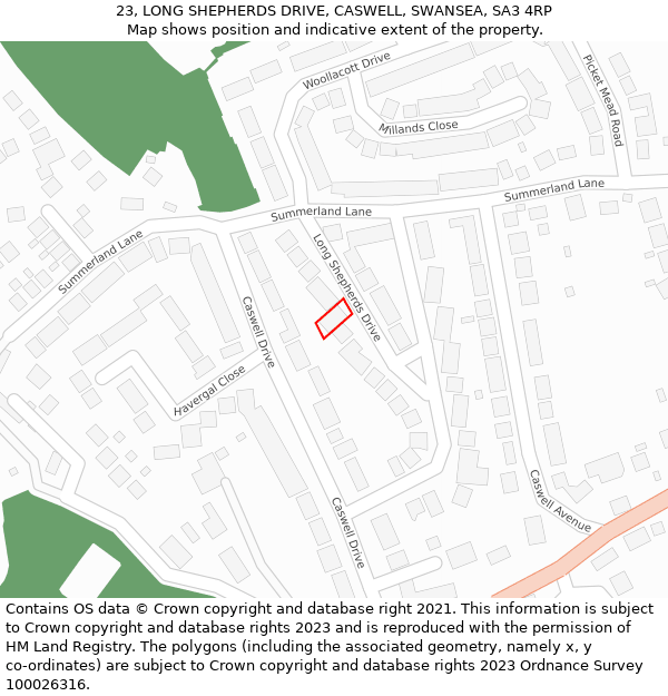 23, LONG SHEPHERDS DRIVE, CASWELL, SWANSEA, SA3 4RP: Location map and indicative extent of plot
