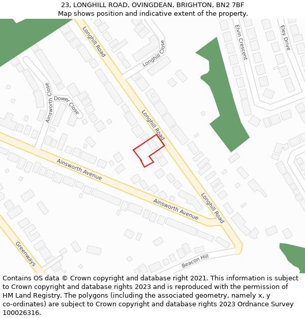 23, LONGHILL ROAD, OVINGDEAN, BRIGHTON, BN2 7BF: Location map and indicative extent of plot