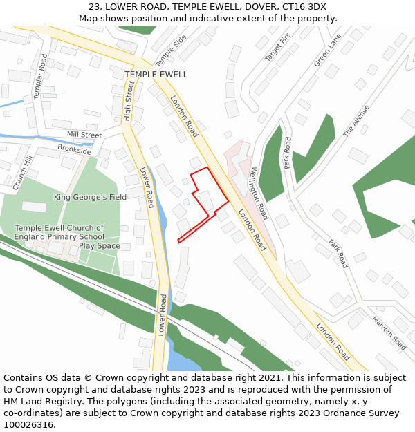 23, LOWER ROAD, TEMPLE EWELL, DOVER, CT16 3DX: Location map and indicative extent of plot