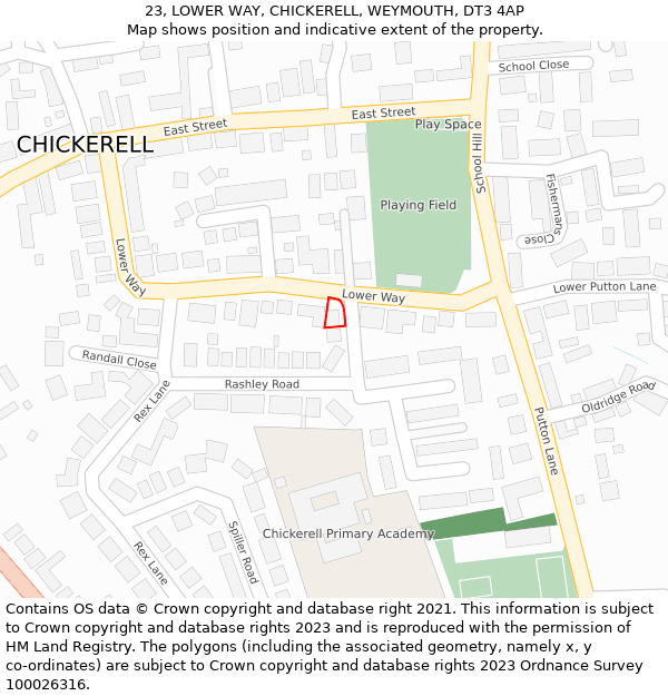 23, LOWER WAY, CHICKERELL, WEYMOUTH, DT3 4AP: Location map and indicative extent of plot