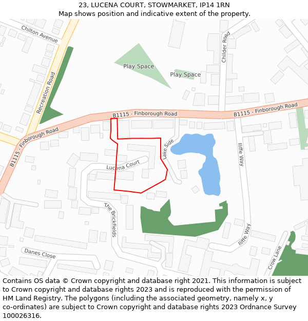 23, LUCENA COURT, STOWMARKET, IP14 1RN: Location map and indicative extent of plot