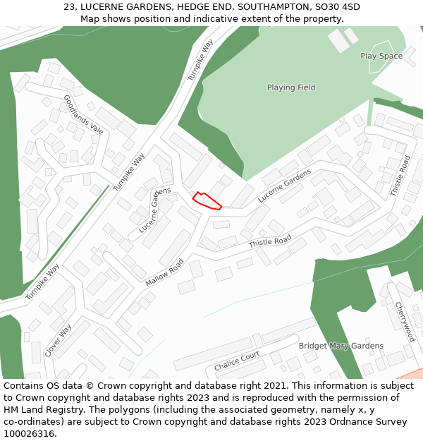 23, LUCERNE GARDENS, HEDGE END, SOUTHAMPTON, SO30 4SD: Location map and indicative extent of plot