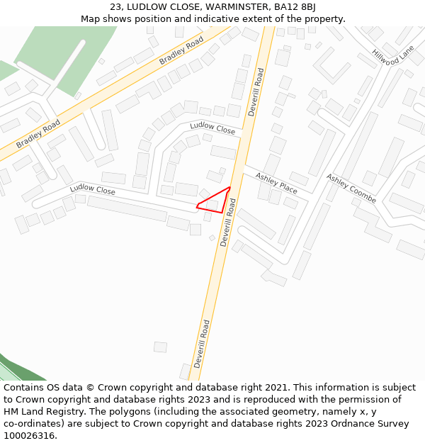 23, LUDLOW CLOSE, WARMINSTER, BA12 8BJ: Location map and indicative extent of plot