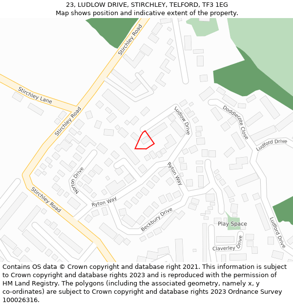 23, LUDLOW DRIVE, STIRCHLEY, TELFORD, TF3 1EG: Location map and indicative extent of plot