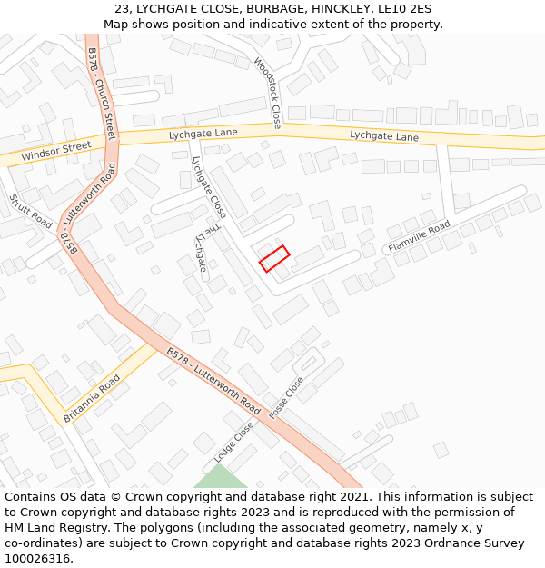 23, LYCHGATE CLOSE, BURBAGE, HINCKLEY, LE10 2ES: Location map and indicative extent of plot
