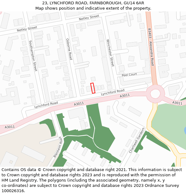 23, LYNCHFORD ROAD, FARNBOROUGH, GU14 6AR: Location map and indicative extent of plot