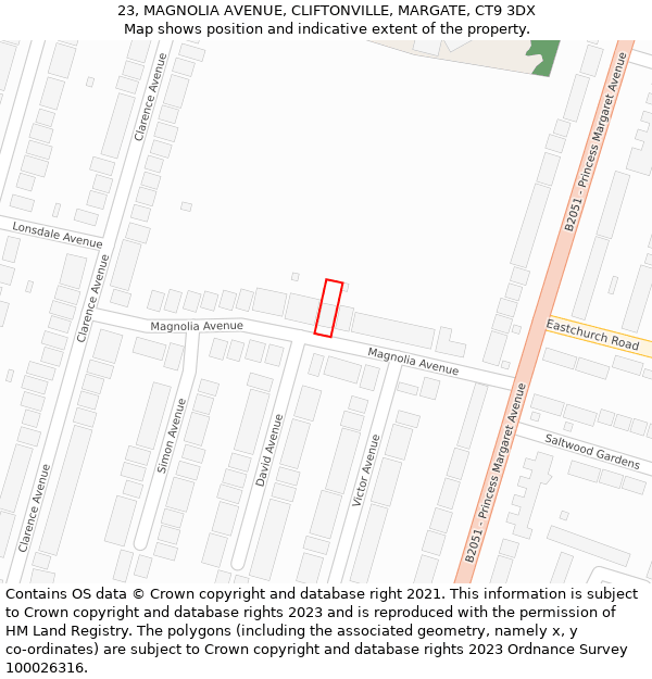 23, MAGNOLIA AVENUE, CLIFTONVILLE, MARGATE, CT9 3DX: Location map and indicative extent of plot