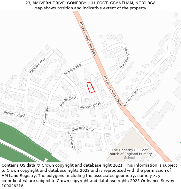 23, MALVERN DRIVE, GONERBY HILL FOOT, GRANTHAM, NG31 8GA: Location map and indicative extent of plot