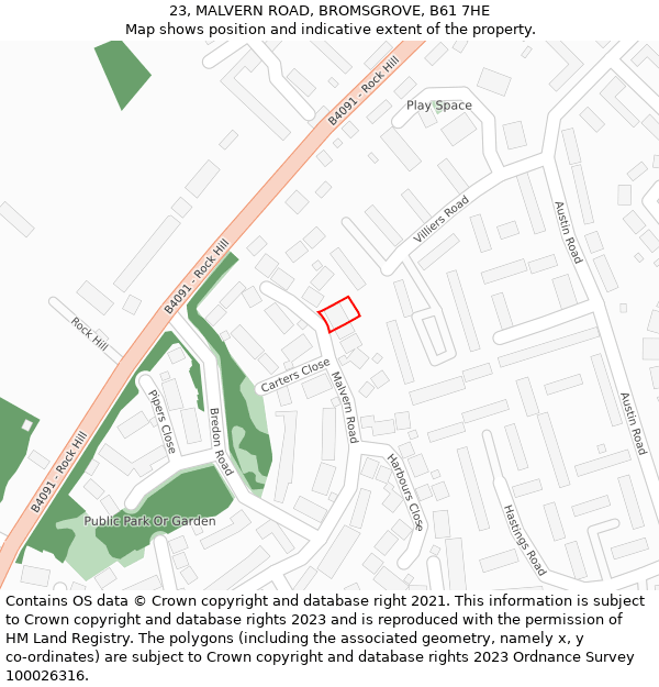 23, MALVERN ROAD, BROMSGROVE, B61 7HE: Location map and indicative extent of plot