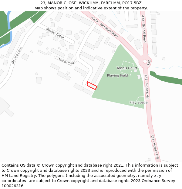 23, MANOR CLOSE, WICKHAM, FAREHAM, PO17 5BZ: Location map and indicative extent of plot