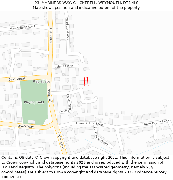 23, MARINERS WAY, CHICKERELL, WEYMOUTH, DT3 4LS: Location map and indicative extent of plot