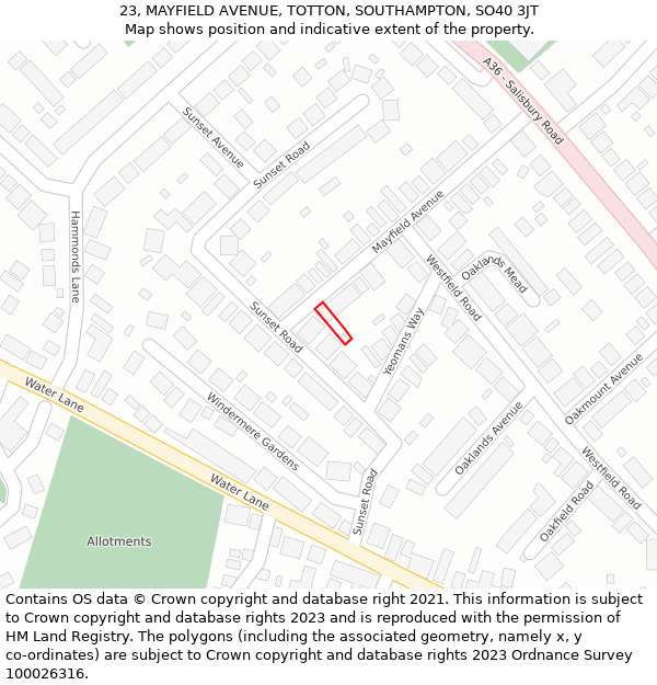 23, MAYFIELD AVENUE, TOTTON, SOUTHAMPTON, SO40 3JT: Location map and indicative extent of plot