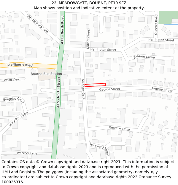 23, MEADOWGATE, BOURNE, PE10 9EZ: Location map and indicative extent of plot