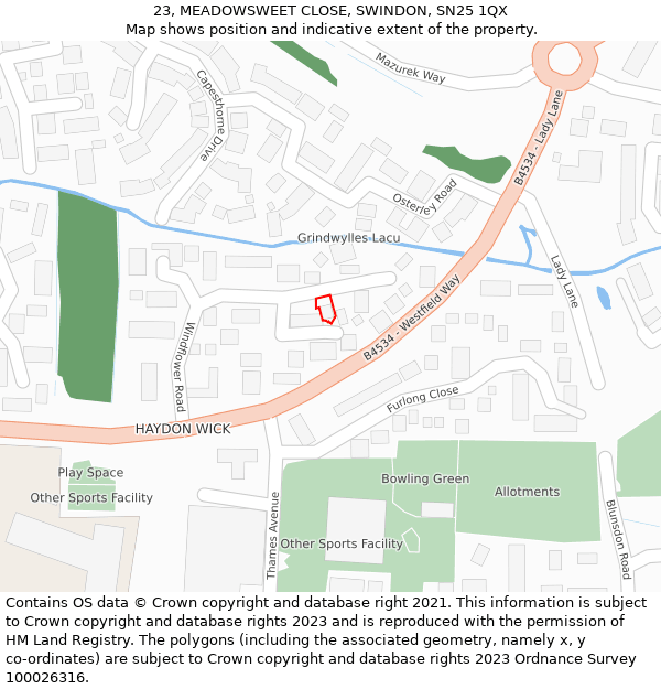 23, MEADOWSWEET CLOSE, SWINDON, SN25 1QX: Location map and indicative extent of plot