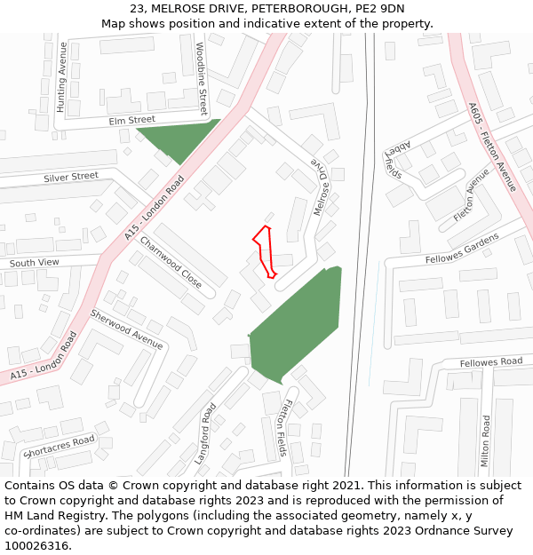 23, MELROSE DRIVE, PETERBOROUGH, PE2 9DN: Location map and indicative extent of plot