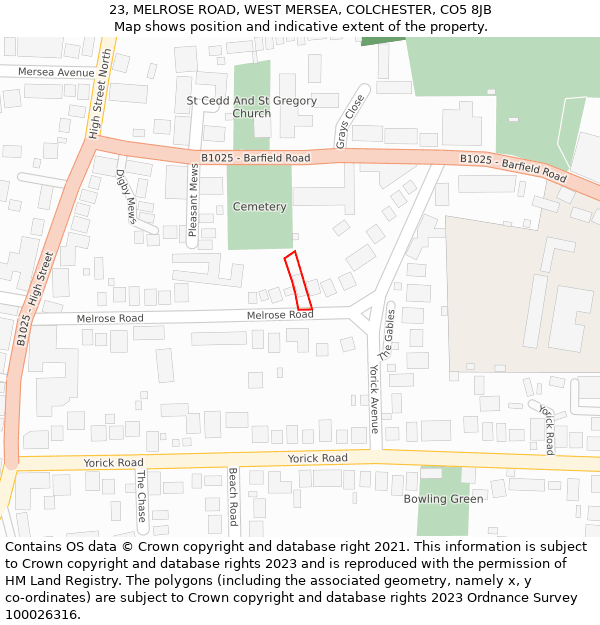 23, MELROSE ROAD, WEST MERSEA, COLCHESTER, CO5 8JB: Location map and indicative extent of plot