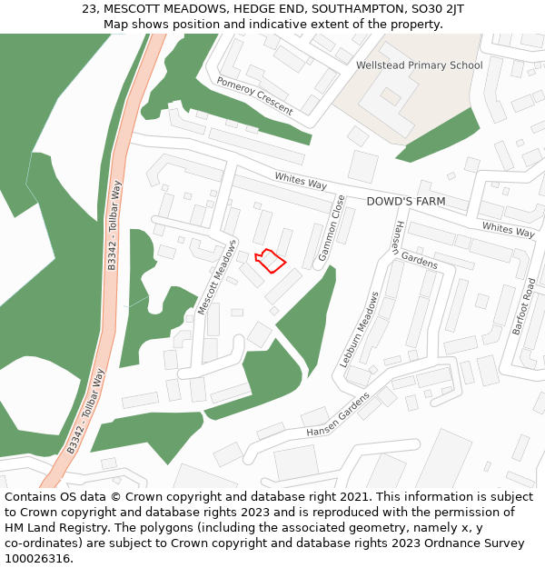 23, MESCOTT MEADOWS, HEDGE END, SOUTHAMPTON, SO30 2JT: Location map and indicative extent of plot