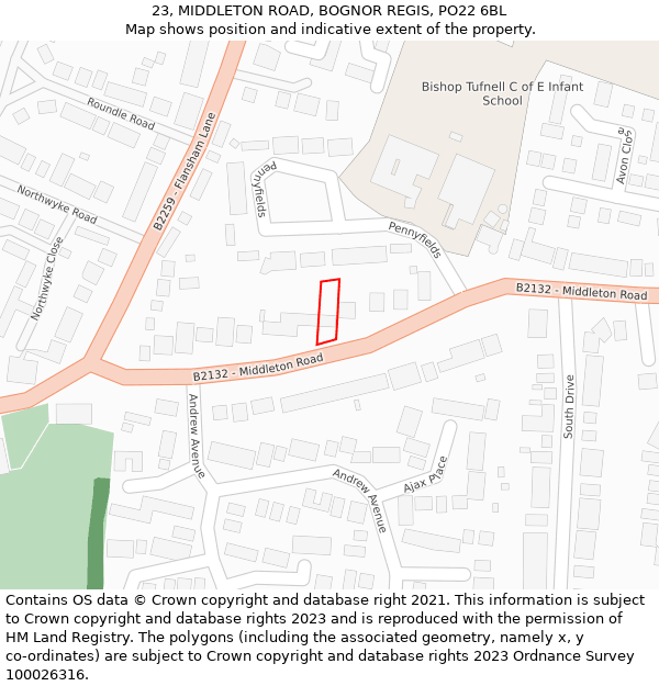 23, MIDDLETON ROAD, BOGNOR REGIS, PO22 6BL: Location map and indicative extent of plot