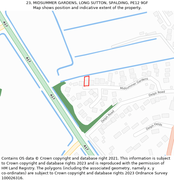 23, MIDSUMMER GARDENS, LONG SUTTON, SPALDING, PE12 9GF: Location map and indicative extent of plot