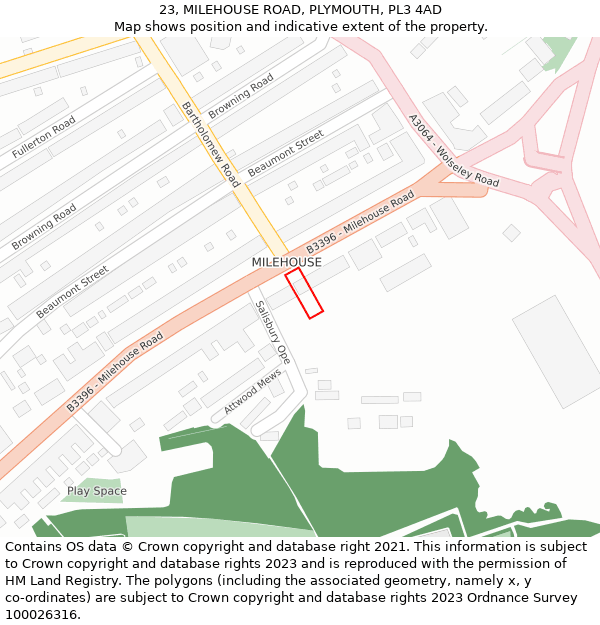 23, MILEHOUSE ROAD, PLYMOUTH, PL3 4AD: Location map and indicative extent of plot