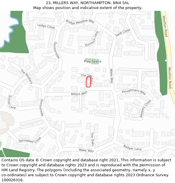 23, MILLERS WAY, NORTHAMPTON, NN4 5AL: Location map and indicative extent of plot