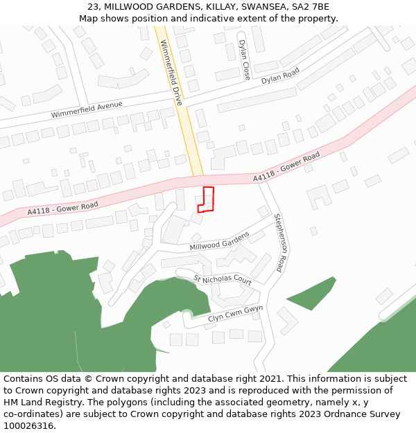 23, MILLWOOD GARDENS, KILLAY, SWANSEA, SA2 7BE: Location map and indicative extent of plot