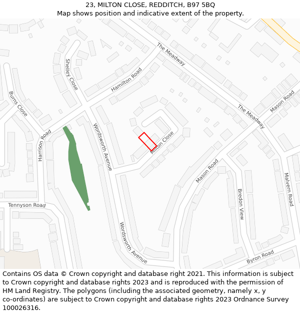 23, MILTON CLOSE, REDDITCH, B97 5BQ: Location map and indicative extent of plot