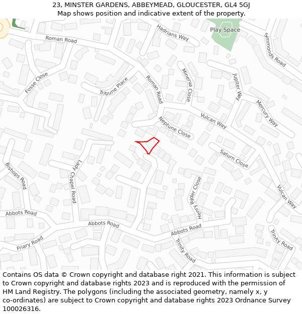 23, MINSTER GARDENS, ABBEYMEAD, GLOUCESTER, GL4 5GJ: Location map and indicative extent of plot