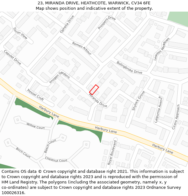 23, MIRANDA DRIVE, HEATHCOTE, WARWICK, CV34 6FE: Location map and indicative extent of plot