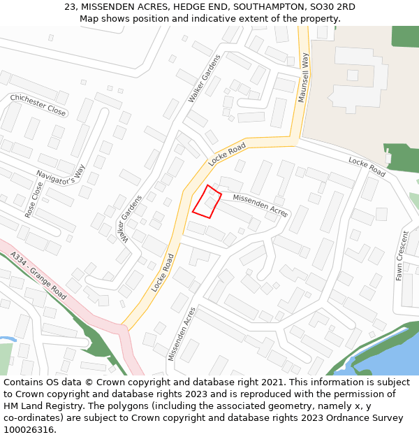 23, MISSENDEN ACRES, HEDGE END, SOUTHAMPTON, SO30 2RD: Location map and indicative extent of plot