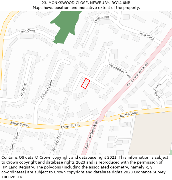 23, MONKSWOOD CLOSE, NEWBURY, RG14 6NR: Location map and indicative extent of plot