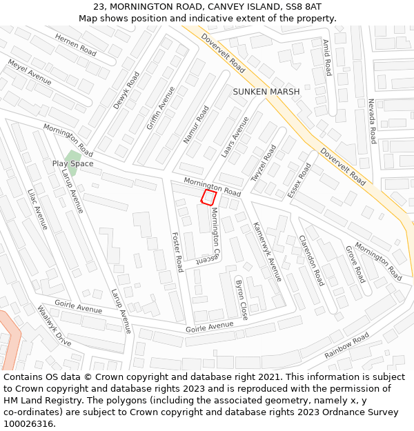 23, MORNINGTON ROAD, CANVEY ISLAND, SS8 8AT: Location map and indicative extent of plot