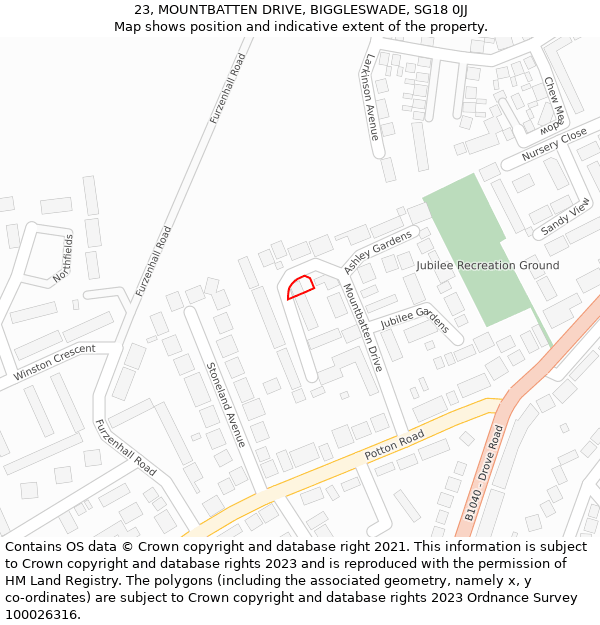 23, MOUNTBATTEN DRIVE, BIGGLESWADE, SG18 0JJ: Location map and indicative extent of plot