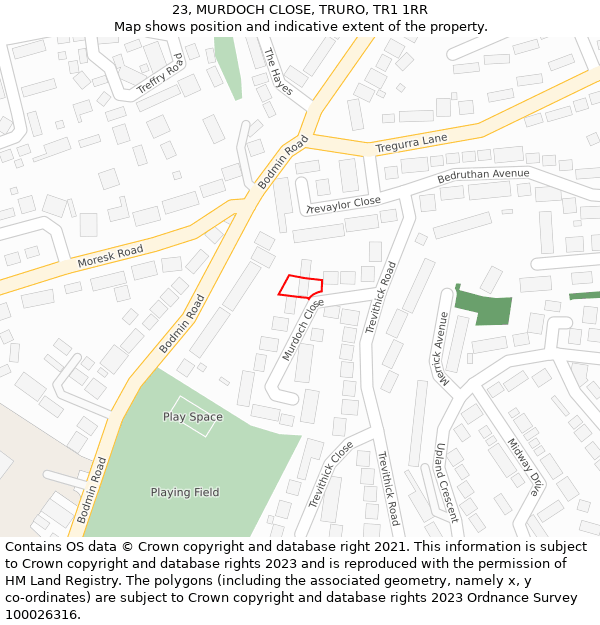 23, MURDOCH CLOSE, TRURO, TR1 1RR: Location map and indicative extent of plot