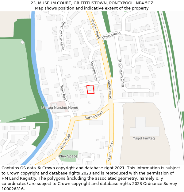 23, MUSEUM COURT, GRIFFITHSTOWN, PONTYPOOL, NP4 5GZ: Location map and indicative extent of plot