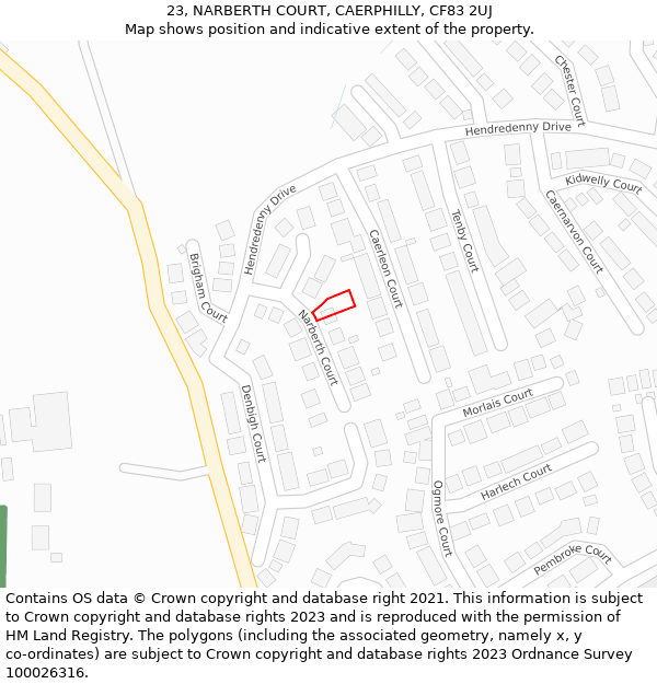 23, NARBERTH COURT, CAERPHILLY, CF83 2UJ: Location map and indicative extent of plot