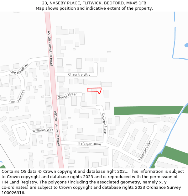 23, NASEBY PLACE, FLITWICK, BEDFORD, MK45 1FB: Location map and indicative extent of plot