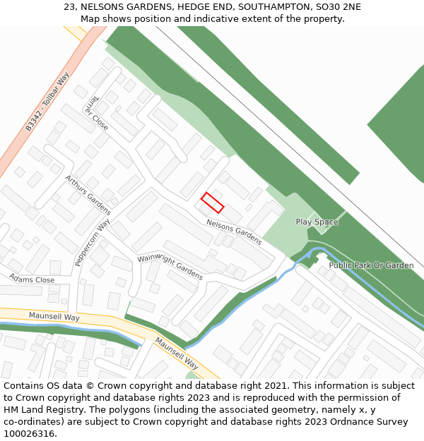 23, NELSONS GARDENS, HEDGE END, SOUTHAMPTON, SO30 2NE: Location map and indicative extent of plot