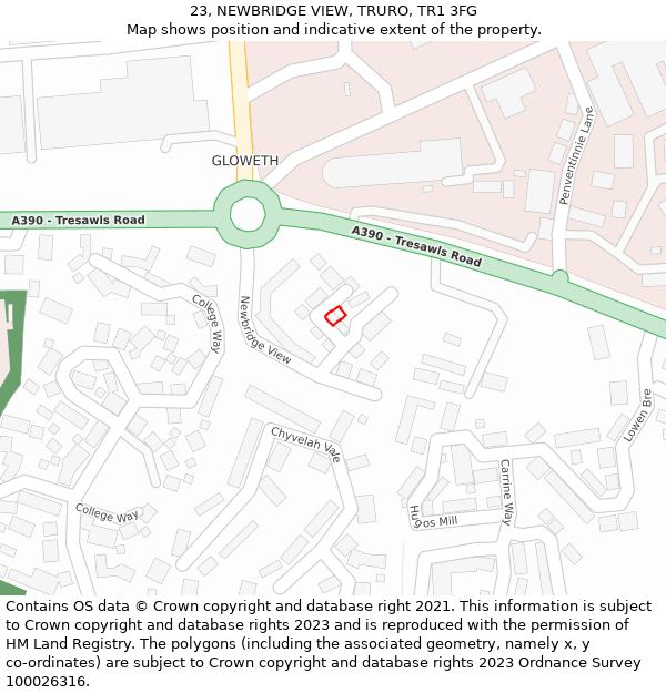 23, NEWBRIDGE VIEW, TRURO, TR1 3FG: Location map and indicative extent of plot