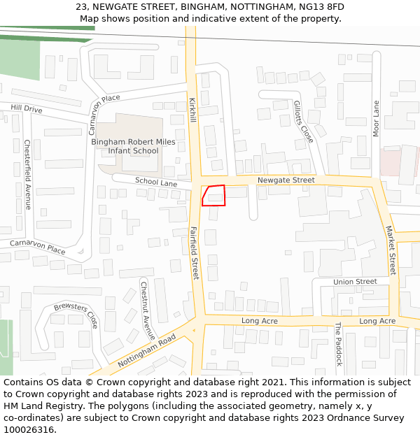 23, NEWGATE STREET, BINGHAM, NOTTINGHAM, NG13 8FD: Location map and indicative extent of plot