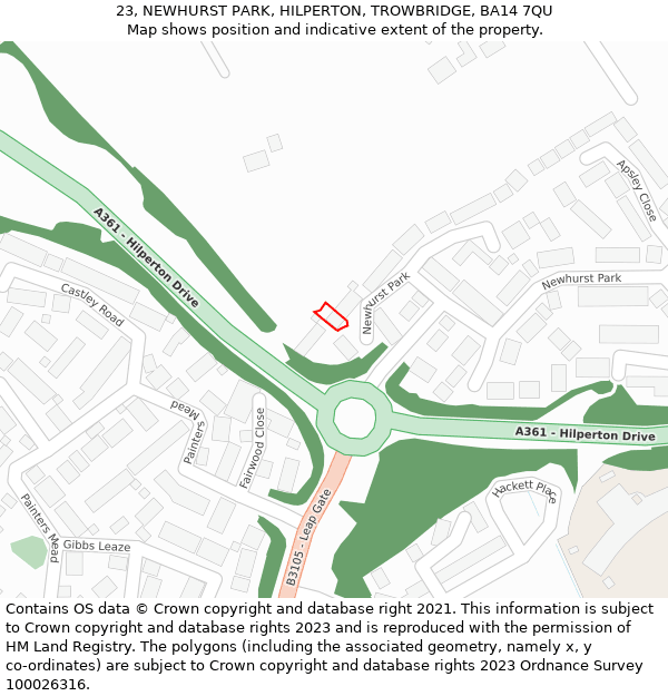 23, NEWHURST PARK, HILPERTON, TROWBRIDGE, BA14 7QU: Location map and indicative extent of plot