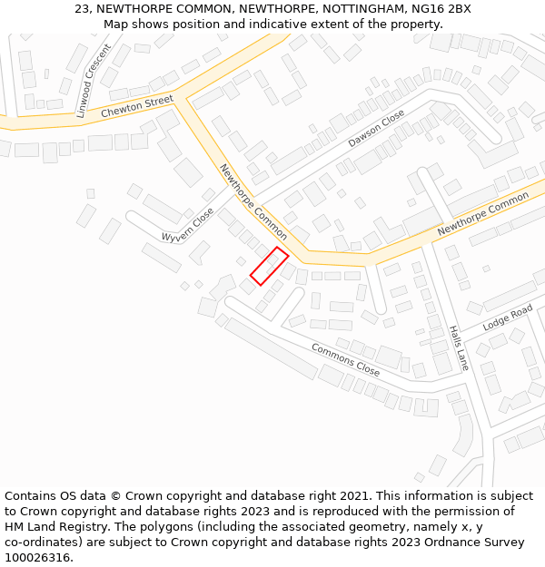 23, NEWTHORPE COMMON, NEWTHORPE, NOTTINGHAM, NG16 2BX: Location map and indicative extent of plot