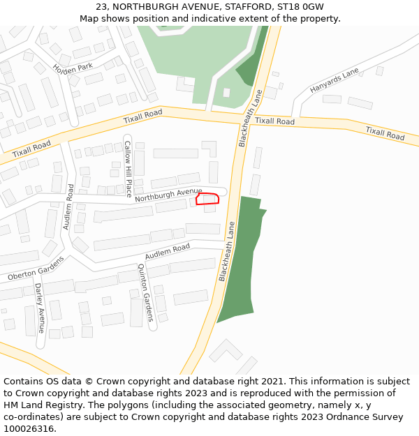 23, NORTHBURGH AVENUE, STAFFORD, ST18 0GW: Location map and indicative extent of plot