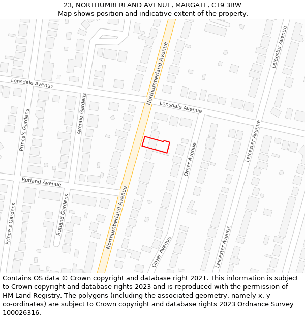 23, NORTHUMBERLAND AVENUE, MARGATE, CT9 3BW: Location map and indicative extent of plot