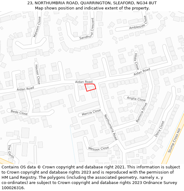 23, NORTHUMBRIA ROAD, QUARRINGTON, SLEAFORD, NG34 8UT: Location map and indicative extent of plot