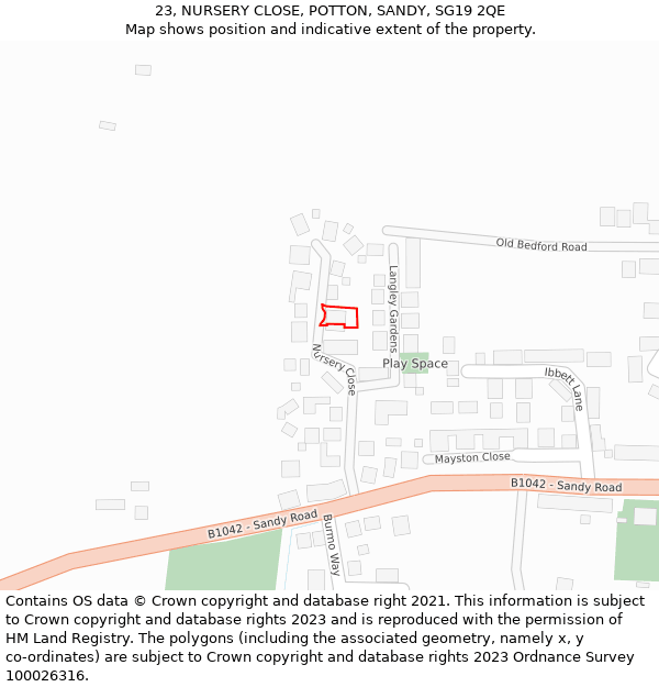 23, NURSERY CLOSE, POTTON, SANDY, SG19 2QE: Location map and indicative extent of plot