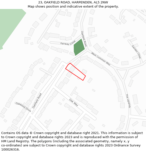 23, OAKFIELD ROAD, HARPENDEN, AL5 2NW: Location map and indicative extent of plot